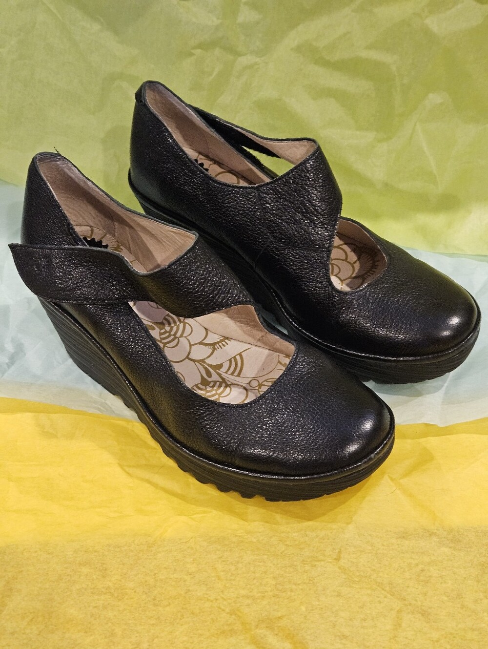 Fly London Black Leather Wedge Mary Jane